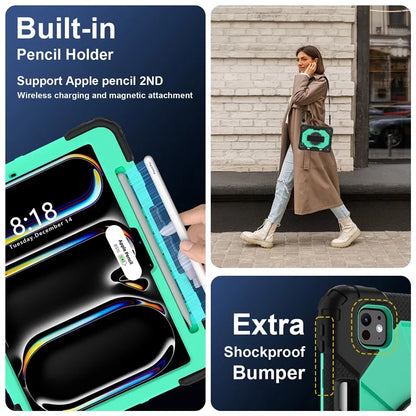 For iPad Pro 11 (2024) Case Kickstand Silicone+PC Tablet Cover with Shoulder Strap