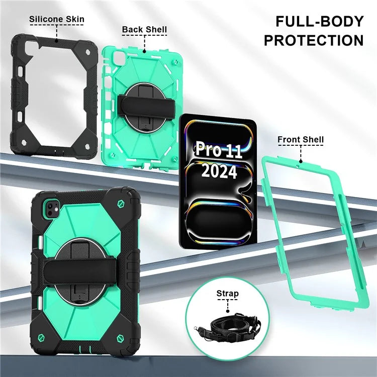 For iPad Pro 11 (2024) Case Kickstand Silicone+PC Tablet Cover with Shoulder Strap