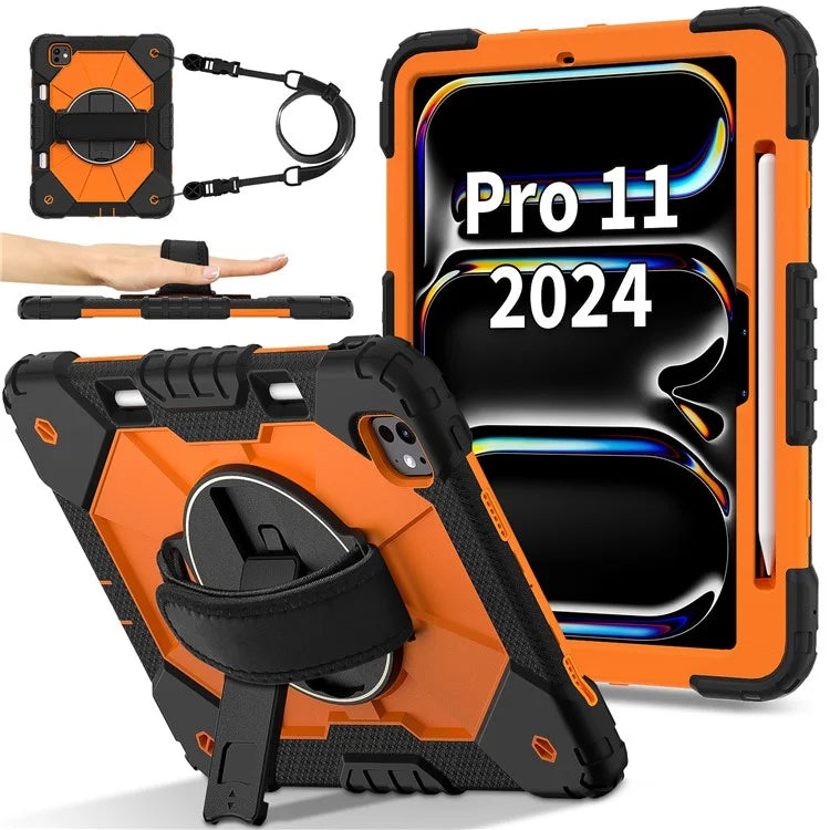 For iPad Pro 11 (2024) Case Kickstand Silicone+PC Tablet Cover with Shoulder Strap