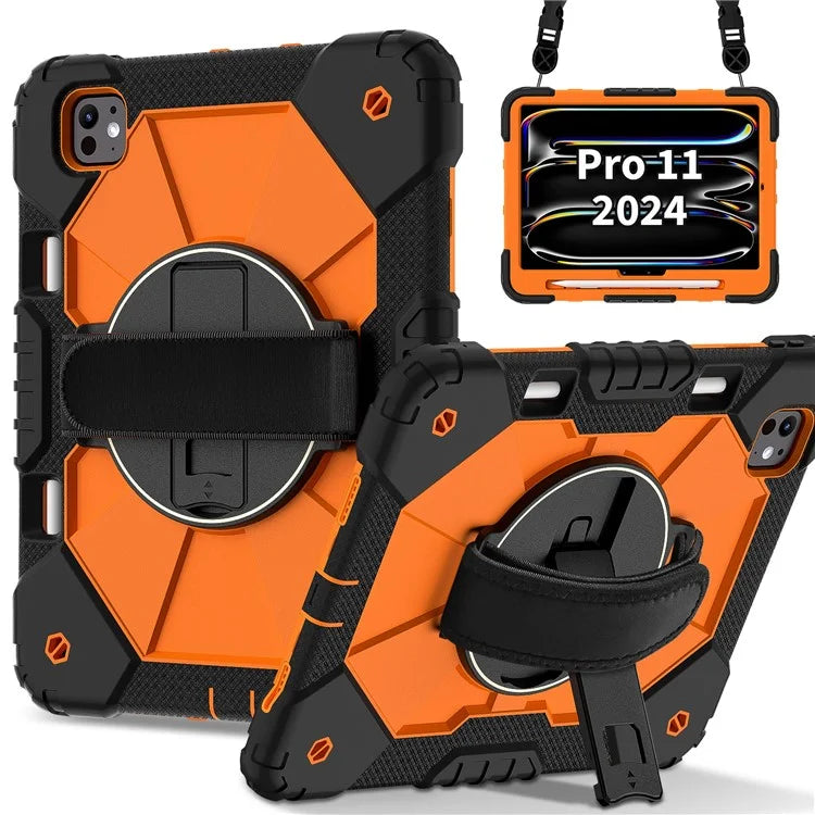 For iPad Pro 11 (2024) Case Kickstand Silicone+PC Tablet Cover with Shoulder Strap