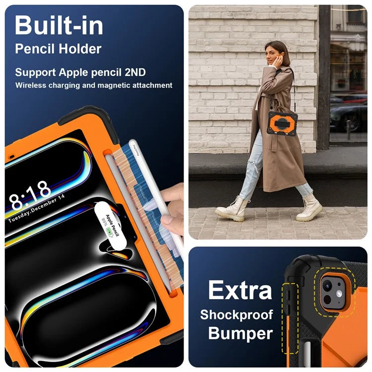 For iPad Pro 11 (2024) Case Kickstand Silicone+PC Tablet Cover with Shoulder Strap