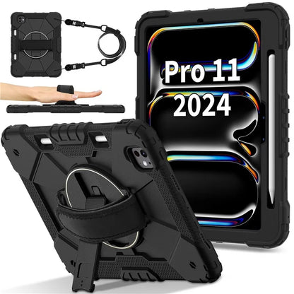 For iPad Pro 11 (2024) Case Kickstand Silicone+PC Tablet Cover with Shoulder Strap