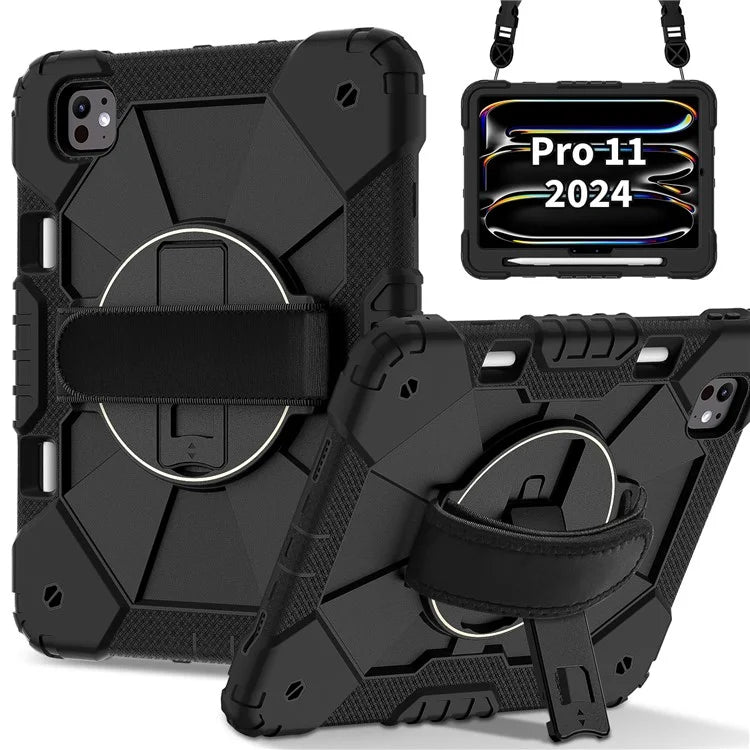 For iPad Pro 11 (2024) Case Kickstand Silicone+PC Tablet Cover with Shoulder Strap
