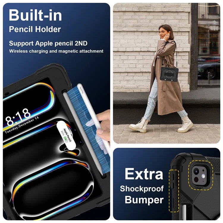 For iPad Pro 11 (2024) Case Kickstand Silicone+PC Tablet Cover with Shoulder Strap