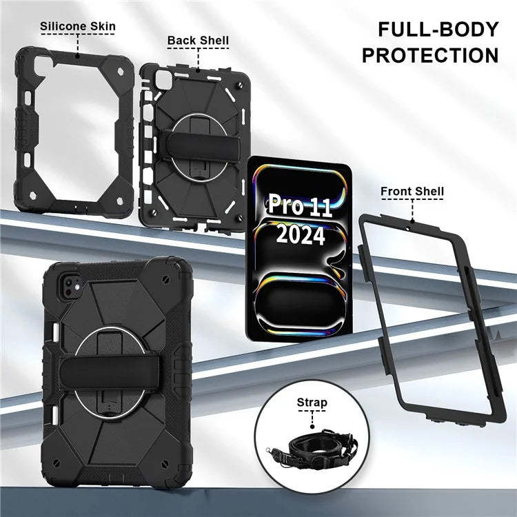 For iPad Pro 11 (2024) Case Kickstand Silicone+PC Tablet Cover with Shoulder Strap
