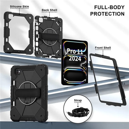 For iPad Pro 11 (2024) Case Kickstand Silicone+PC Tablet Cover with Shoulder Strap