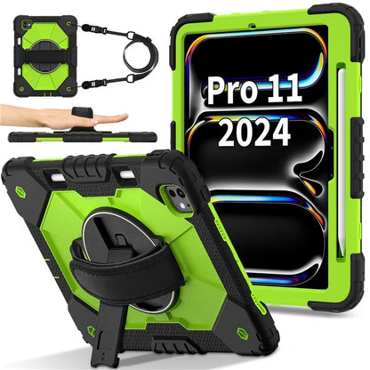 For iPad Pro 11 (2024) Case Kickstand Silicone+PC Tablet Cover with Shoulder Strap