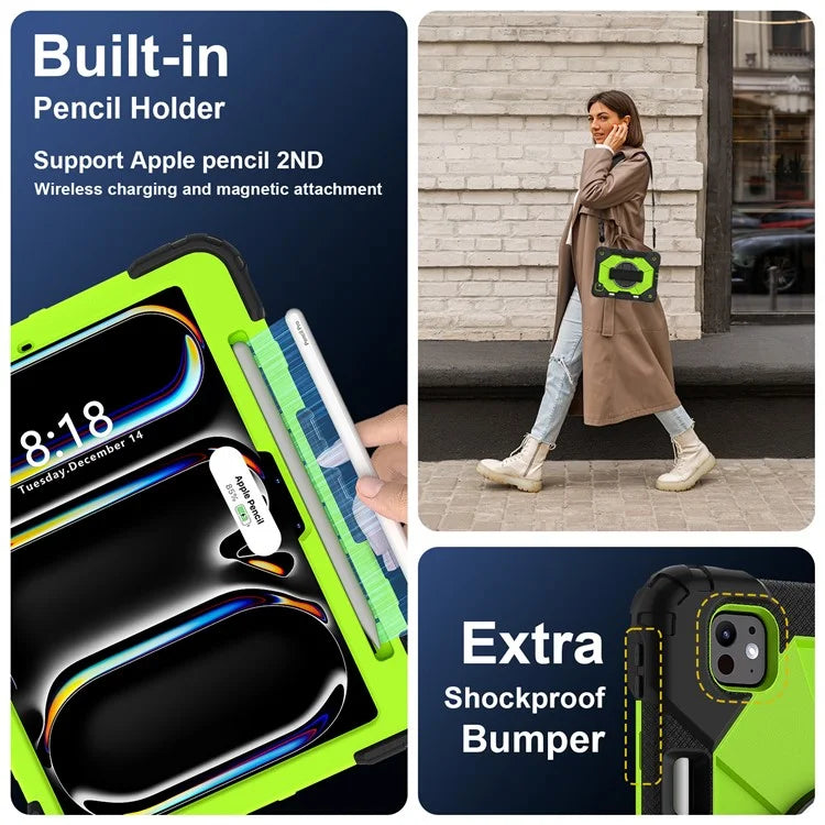 For iPad Pro 11 (2024) Case Kickstand Silicone+PC Tablet Cover with Shoulder Strap