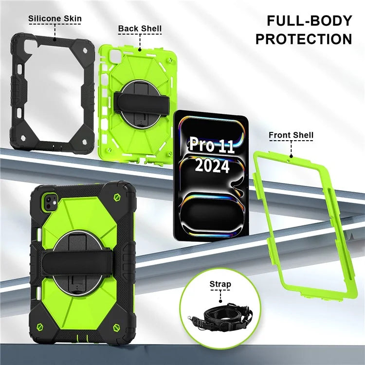 For iPad Pro 11 (2024) Case Kickstand Silicone+PC Tablet Cover with Shoulder Strap