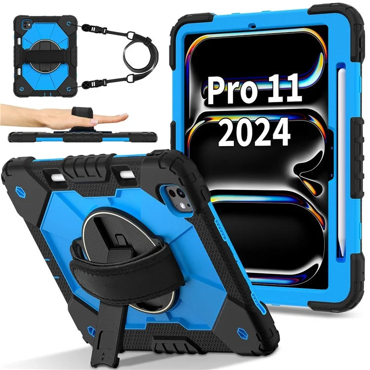 For iPad Pro 11 (2024) Case Kickstand Silicone+PC Tablet Cover with Shoulder Strap