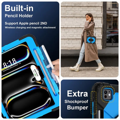 For iPad Pro 11 (2024) Case Kickstand Silicone+PC Tablet Cover with Shoulder Strap