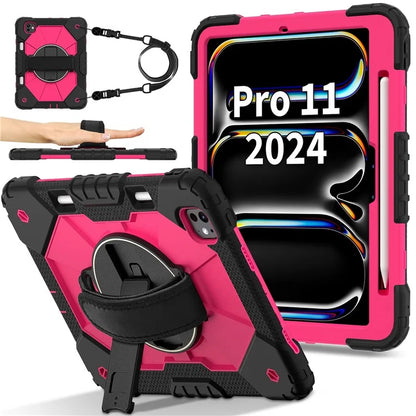 For iPad Pro 11 (2024) Case Kickstand Silicone+PC Tablet Cover with Shoulder Strap