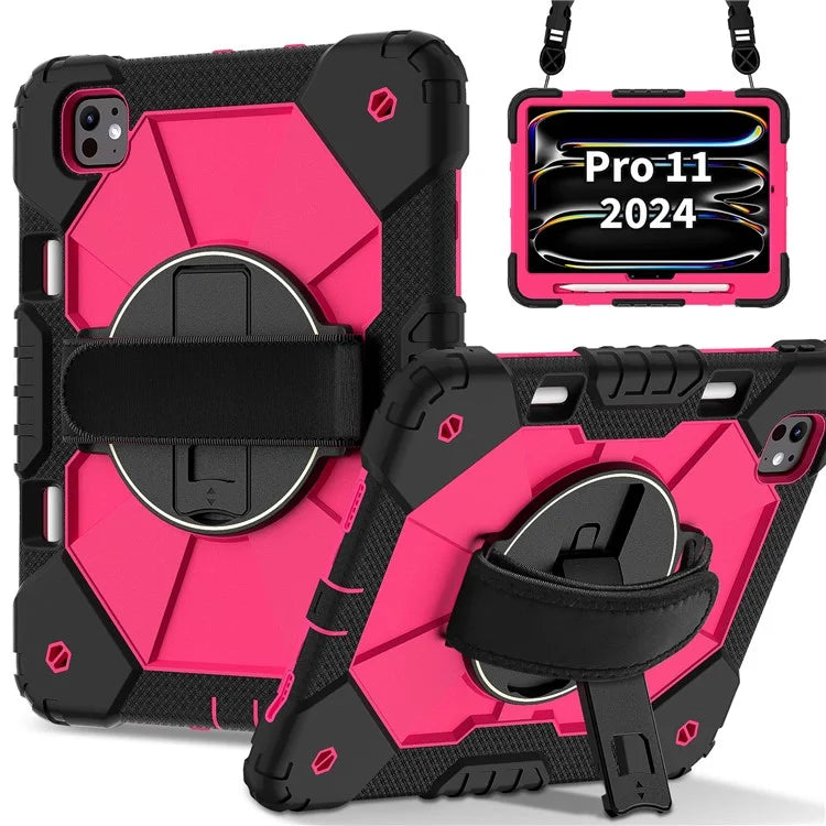 For iPad Pro 11 (2024) Case Kickstand Silicone+PC Tablet Cover with Shoulder Strap