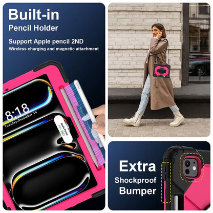 For iPad Pro 11 (2024) Case Kickstand Silicone+PC Tablet Cover with Shoulder Strap