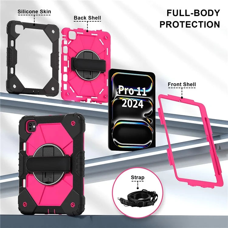 For iPad Pro 11 (2024) Case Kickstand Silicone+PC Tablet Cover with Shoulder Strap