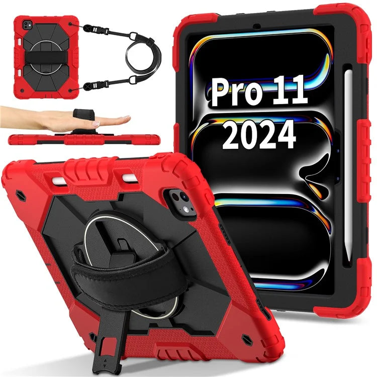 For iPad Pro 11 (2024) Case Kickstand Silicone+PC Tablet Cover with Shoulder Strap