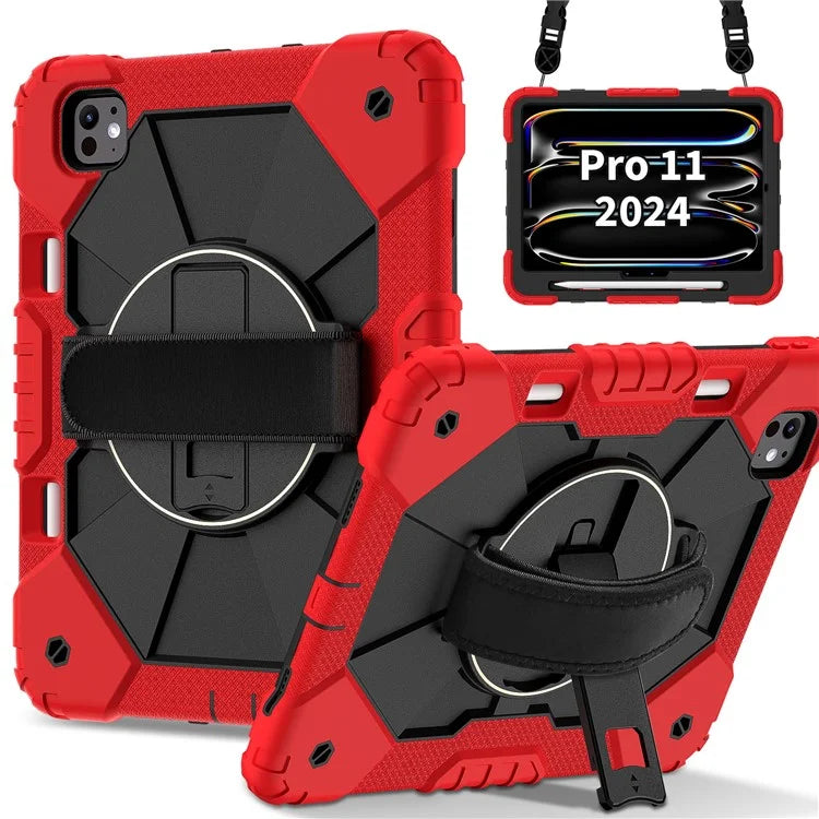 For iPad Pro 11 (2024) Case Kickstand Silicone+PC Tablet Cover with Shoulder Strap