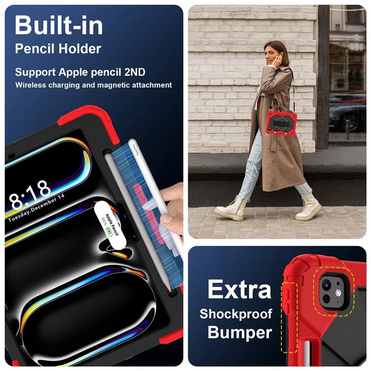 For iPad Pro 11 (2024) Case Kickstand Silicone+PC Tablet Cover with Shoulder Strap