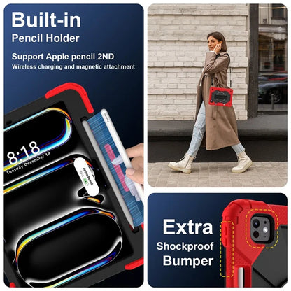 For iPad Pro 11 (2024) Case Kickstand Silicone+PC Tablet Cover with Shoulder Strap