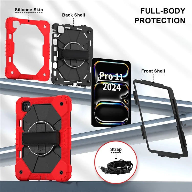 For iPad Pro 11 (2024) Case Kickstand Silicone+PC Tablet Cover with Shoulder Strap