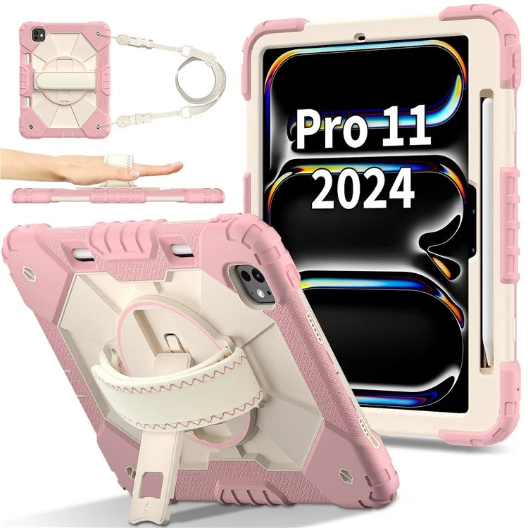 For iPad Pro 11 (2024) Case Kickstand Silicone+PC Tablet Cover with Shoulder Strap