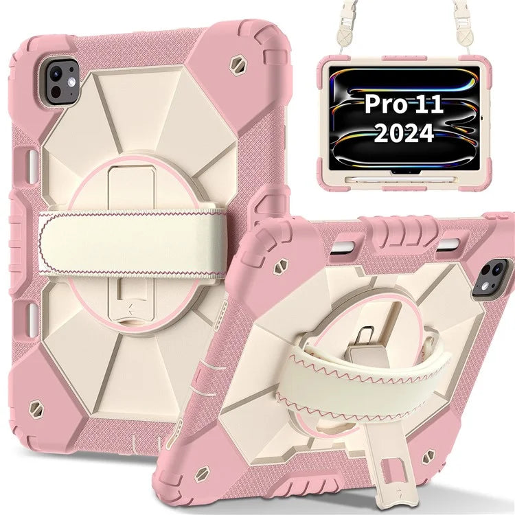 For iPad Pro 11 (2024) Case Kickstand Silicone+PC Tablet Cover with Shoulder Strap