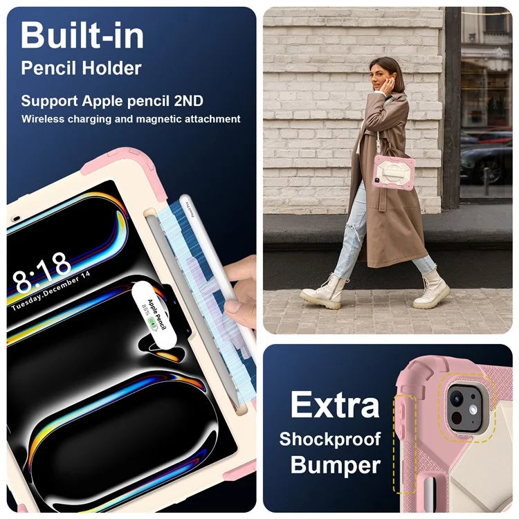 For iPad Pro 11 (2024) Case Kickstand Silicone+PC Tablet Cover with Shoulder Strap