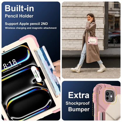 For iPad Pro 11 (2024) Case Kickstand Silicone+PC Tablet Cover with Shoulder Strap