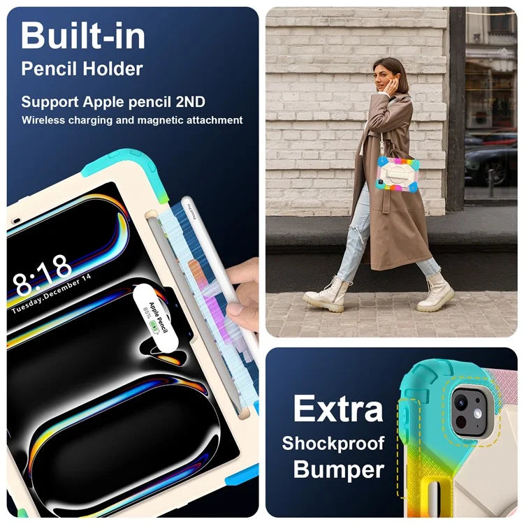 For iPad Pro 11 (2024) Case Kickstand Silicone+PC Tablet Cover with Shoulder Strap