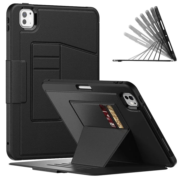 For iPad Pro 11 (2024) Style B Auto Wake  /  Sleep PU Leather Tablet Case Card Holder Stand Cover with Pencil Slot