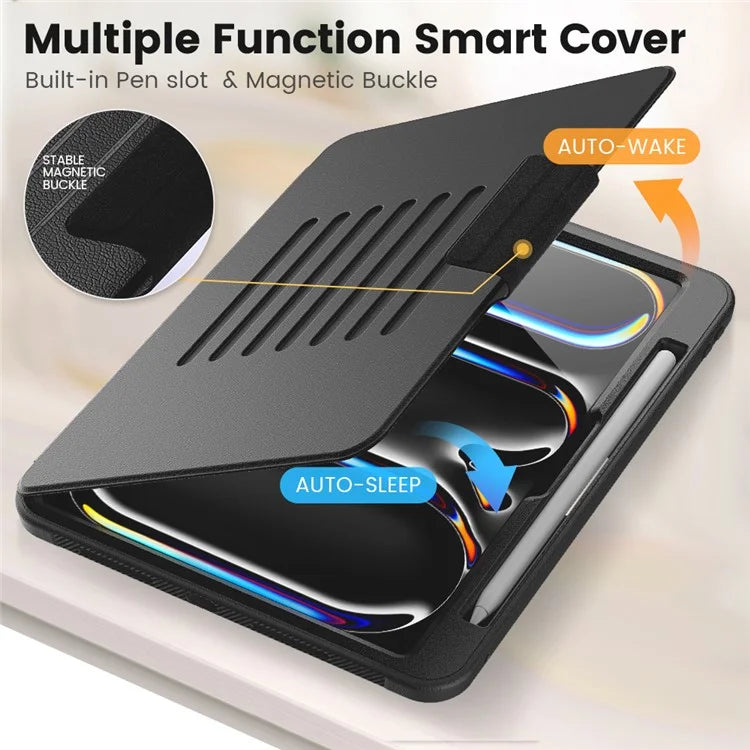 For iPad Pro 11 (2024) Style B Auto Wake  /  Sleep PU Leather Tablet Case Card Holder Stand Cover with Pencil Slot