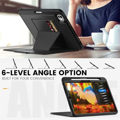 For iPad Pro 11 (2024) Style B Auto Wake  /  Sleep PU Leather Tablet Case Card Holder Stand Cover with Pencil Slot