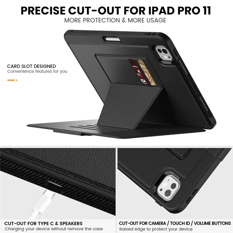 For iPad Pro 11 (2024) Style B Auto Wake  /  Sleep PU Leather Tablet Case Card Holder Stand Cover with Pencil Slot