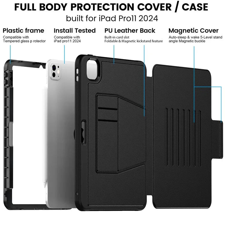 For iPad Pro 11 (2024) Style B Auto Wake  /  Sleep PU Leather Tablet Case Card Holder Stand Cover with Pencil Slot