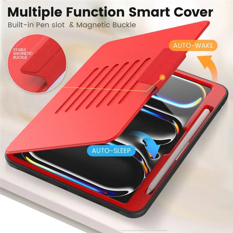 For iPad Pro 11 (2024) Style B Auto Wake  /  Sleep PU Leather Tablet Case Card Holder Stand Cover with Pencil Slot