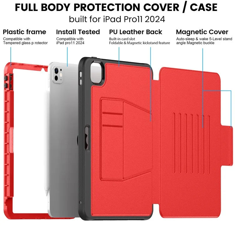 For iPad Pro 11 (2024) Style B Auto Wake  /  Sleep PU Leather Tablet Case Card Holder Stand Cover with Pencil Slot