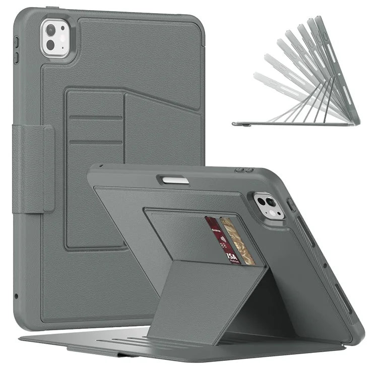 For iPad Pro 11 (2024) Style B Auto Wake  /  Sleep PU Leather Tablet Case Card Holder Stand Cover with Pencil Slot