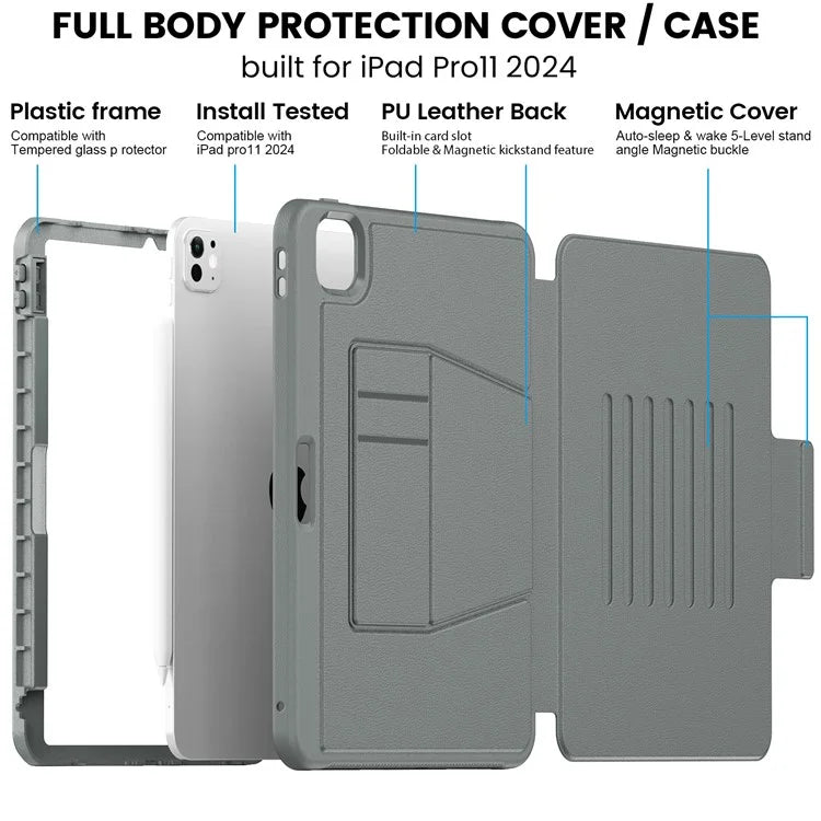 For iPad Pro 11 (2024) Style B Auto Wake  /  Sleep PU Leather Tablet Case Card Holder Stand Cover with Pencil Slot