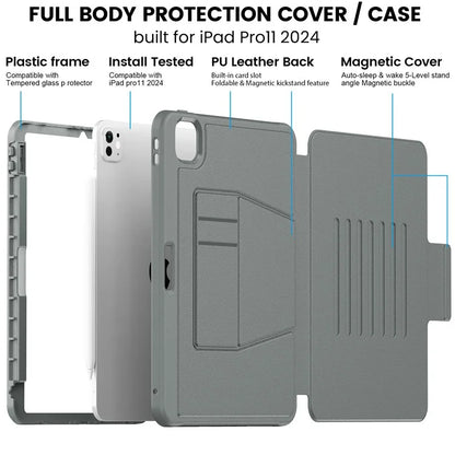 For iPad Pro 11 (2024) Style B Auto Wake  /  Sleep PU Leather Tablet Case Card Holder Stand Cover with Pencil Slot