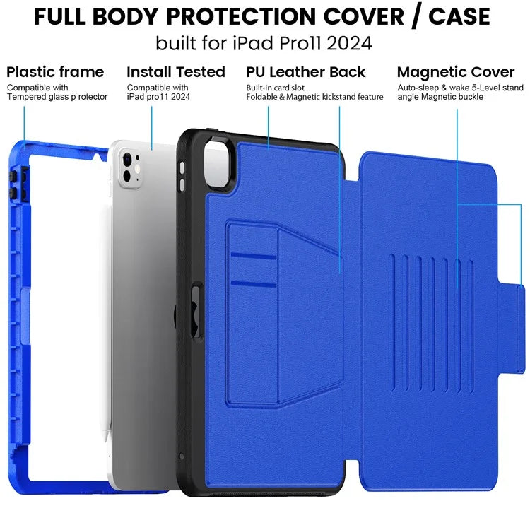For iPad Pro 11 (2024) Style B Auto Wake  /  Sleep PU Leather Tablet Case Card Holder Stand Cover with Pencil Slot