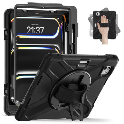 For iPad Pro 11 (2024) Case 360 Degree Rotary Hand Strap TPU+PC+Silicone Kickstand Tablet Cover