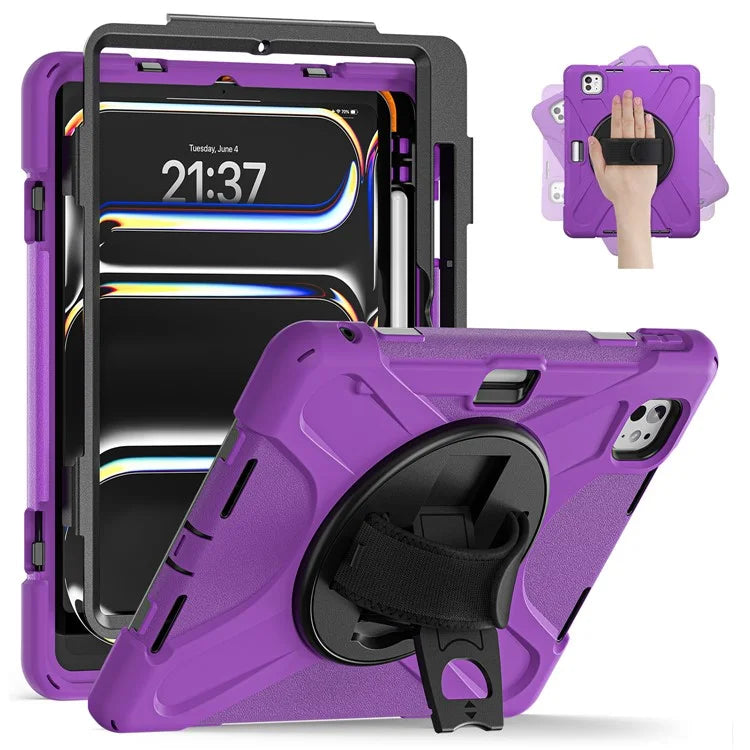 For iPad Pro 11 (2024) Case 360 Degree Rotary Hand Strap TPU+PC+Silicone Kickstand Tablet Cover