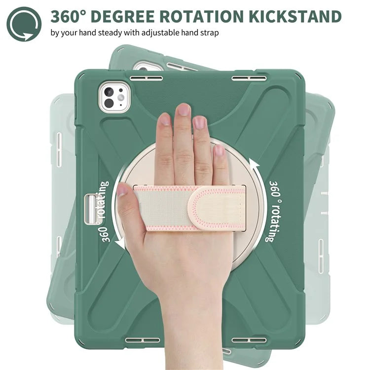 For iPad Pro 11 (2024) Case 360 Degree Rotary Hand Strap TPU+PC+Silicone Kickstand Tablet Cover