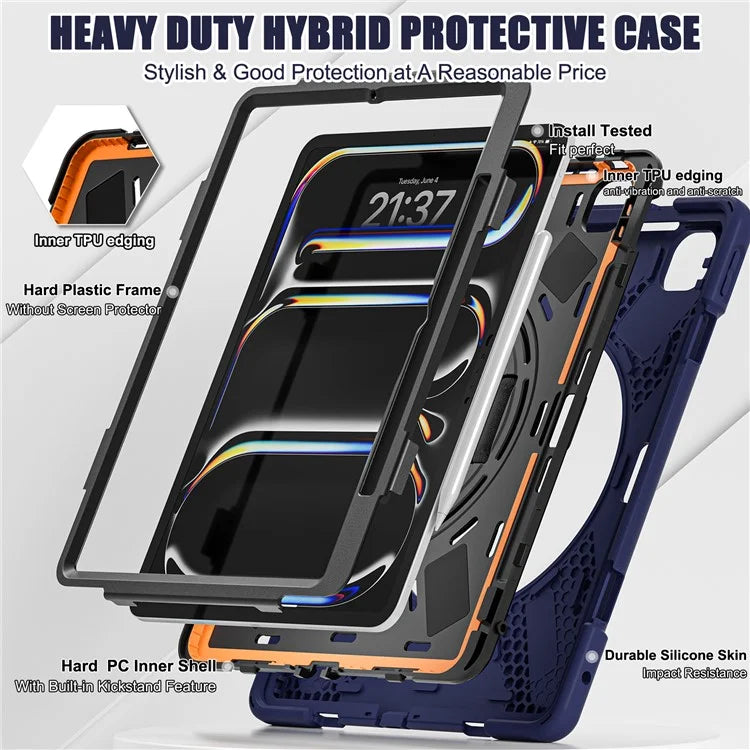 For iPad Pro 11 (2024) Case 360 Degree Rotary Hand Strap TPU+PC+Silicone Kickstand Tablet Cover