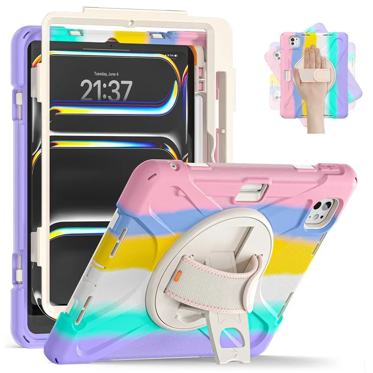 For iPad Pro 11 (2024) Case 360 Degree Rotary Hand Strap TPU+PC+Silicone Kickstand Tablet Cover
