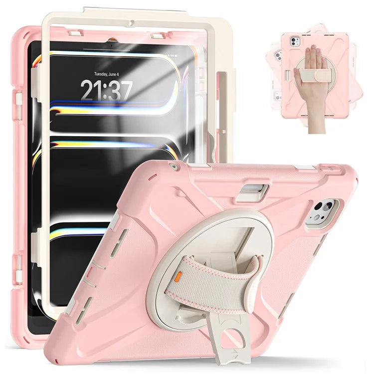 For iPad Pro 11 (2024) Case 360 Degree Rotary Hand Strap TPU+PC+Silicone Kickstand Tablet Cover