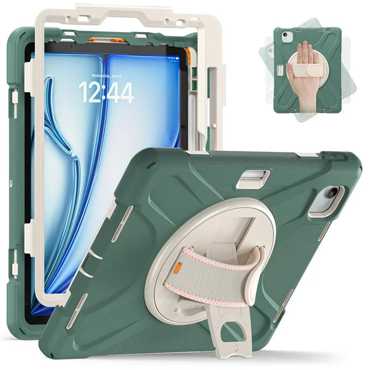 For iPad Air 11 (2024) Case Rotary Hand Strap Kickstand TPU+PC+Silicone Tablet Cover