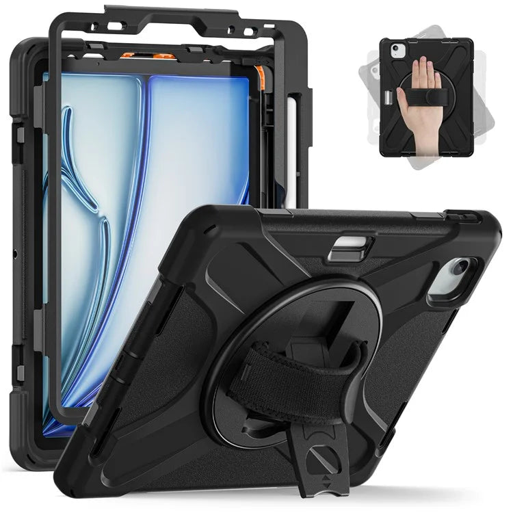 For iPad Air 11 (2024) Case Rotary Hand Strap Kickstand TPU+PC+Silicone Tablet Cover