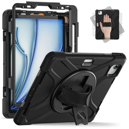 For iPad Air 11 (2024) Case Rotary Hand Strap Kickstand TPU+PC+Silicone Tablet Cover