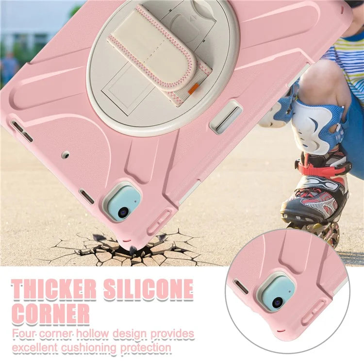 For iPad Air 11 (2024) Case Rotary Hand Strap Kickstand TPU+PC+Silicone Tablet Cover